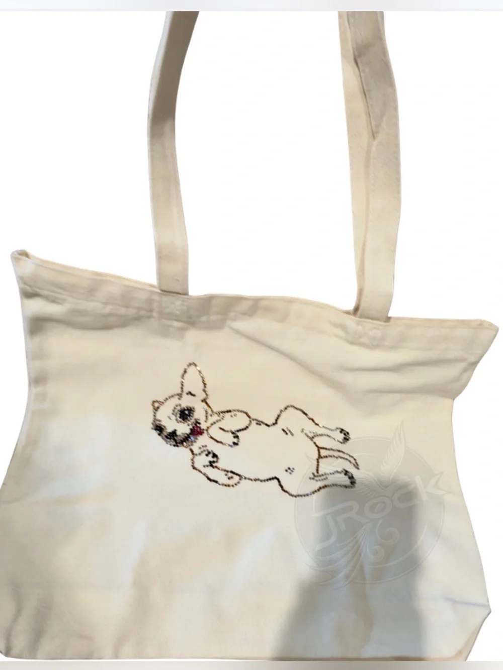 Canvas puppy Dog Tote Bag with bling French Bulldog. Zipper & pocket.